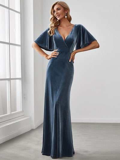 Elegant Double V Neck Velvet Party Dress for Women #color_Dusty Blue
