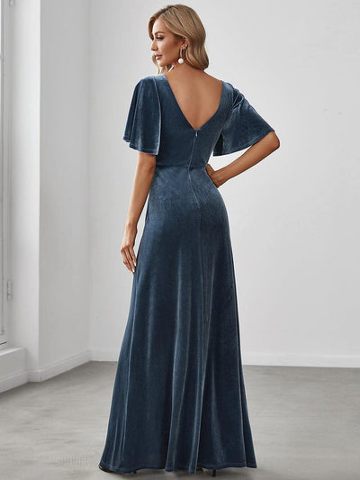 Elegant Double V Neck Velvet Party Dress for Women #color_Dusty Blue