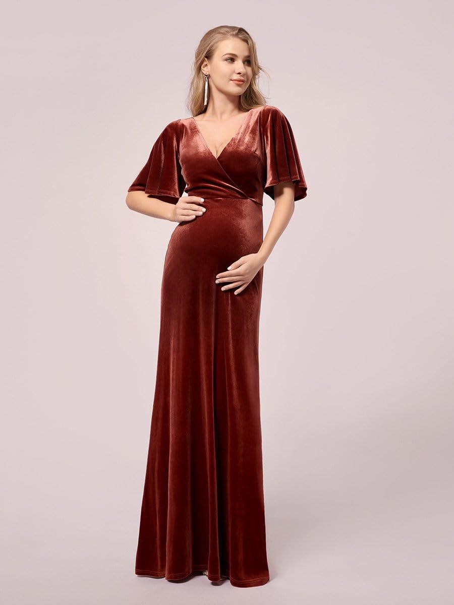 Vintage Plus Size Floor Length Velvet Evening Dress #color_Brick Red Women Elegant Double V Neck Maternity Dresses