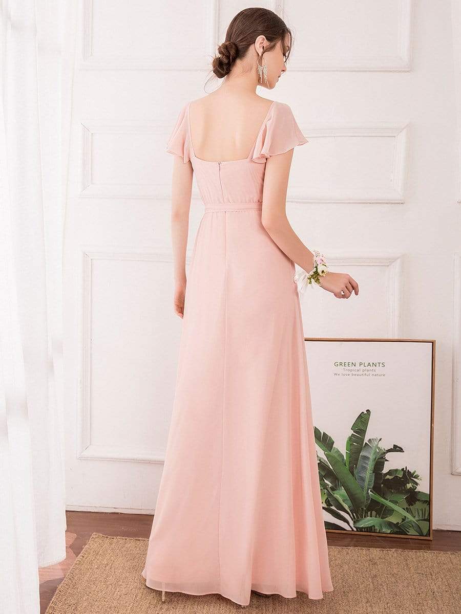 Women's Elegant A-Line Ruffles Sleeve Chiffon Bridesmaid Dress #color_Pink Women's Elegant A-Line Ruffles Sleeve Chiffon Bridesmaid Dress