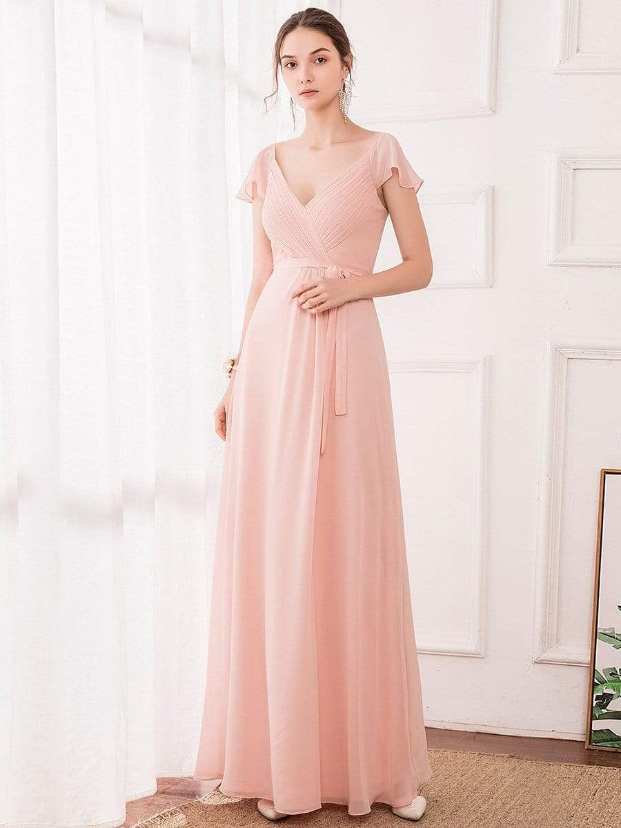 Women's Elegant A-Line Ruffles Sleeve Chiffon Bridesmaid Dress #color_Pink Women's Elegant A-Line Ruffles Sleeve Chiffon Bridesmaid Dress