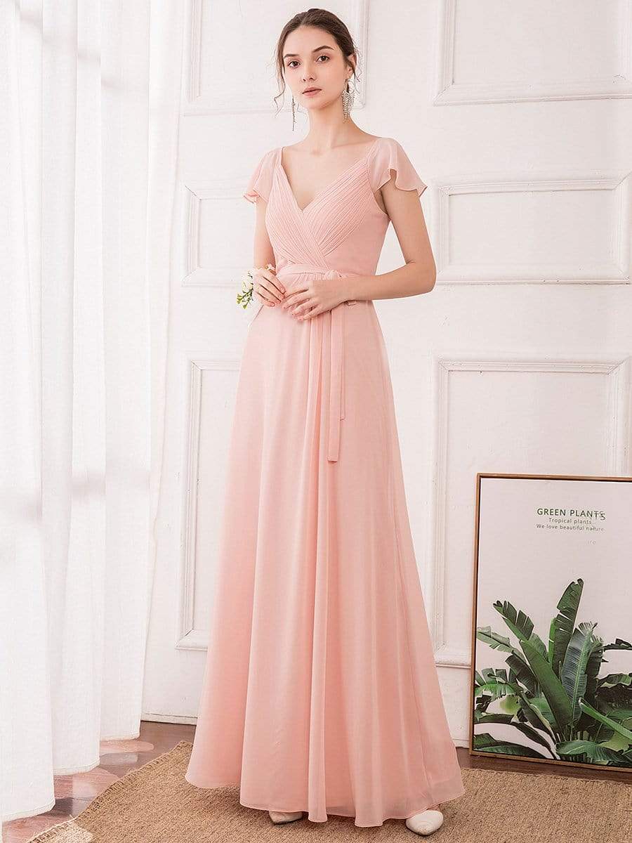 Women's Elegant A-Line Ruffles Sleeve Chiffon Bridesmaid Dress #color_Pink Women's Elegant A-Line Ruffles Sleeve Chiffon Bridesmaid Dress