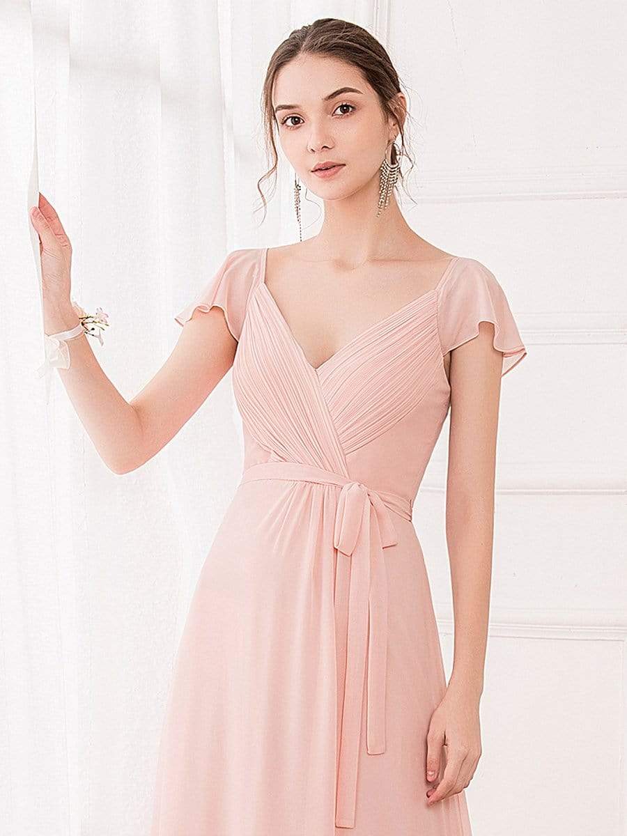 Women's Elegant A-Line Ruffles Sleeve Chiffon Bridesmaid Dress #color_Pink Women's Elegant A-Line Ruffles Sleeve Chiffon Bridesmaid Dress