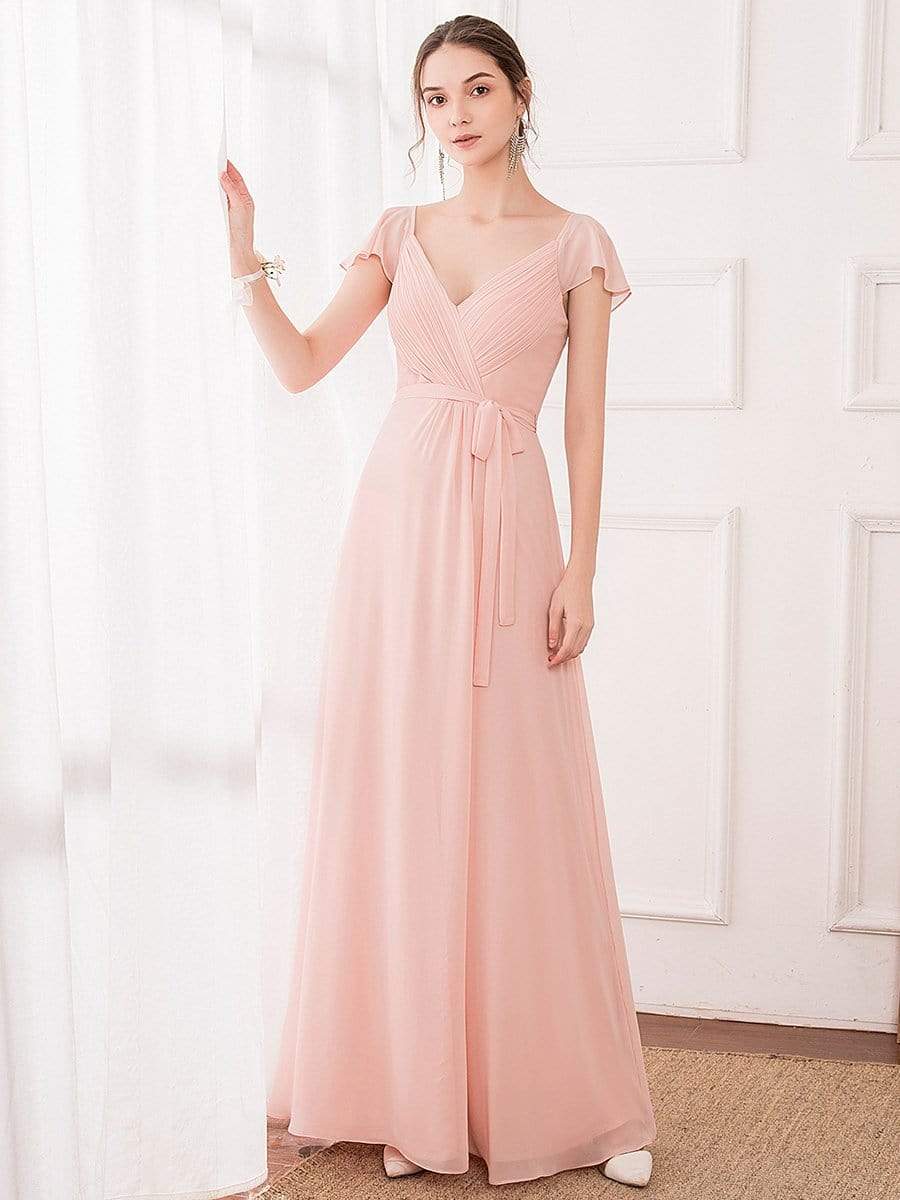 Women's Elegant A-Line Ruffles Sleeve Chiffon Bridesmaid Dress #color_Pink Women's Elegant A-Line Ruffles Sleeve Chiffon Bridesmaid Dress