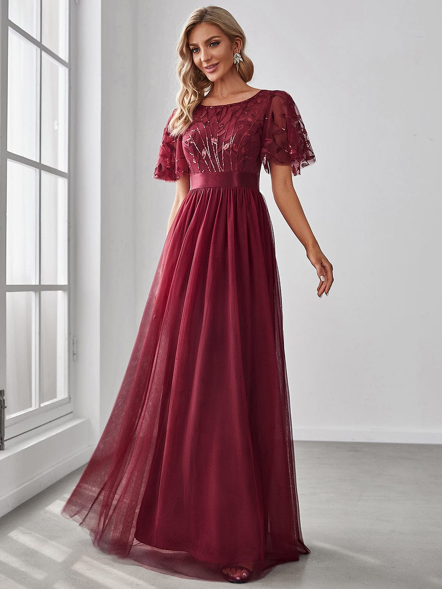 Women's A-Line Short Sleeve Embroidery Floor Length Bridesmaid Dresses #color_Burgundy