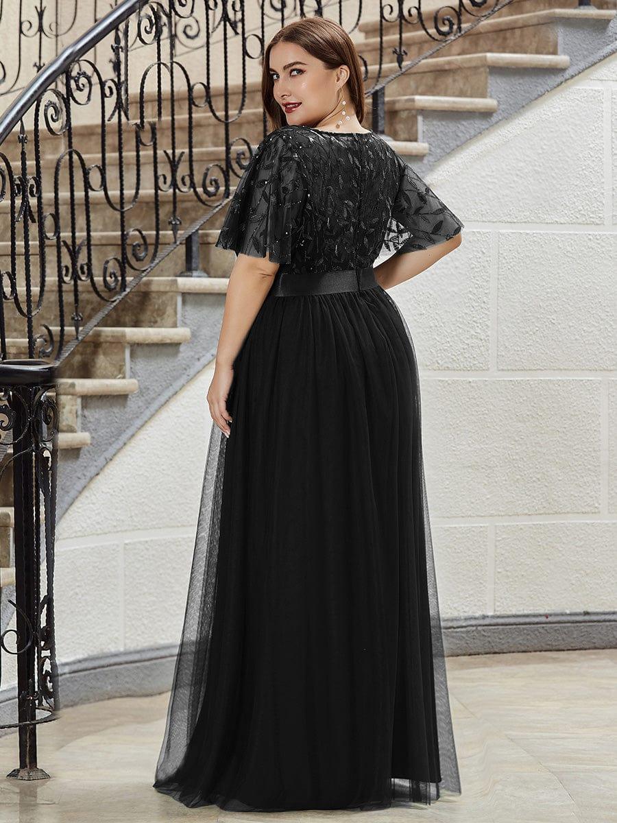 Women's A-Line Short Sleeve Embroidery Floor Length Evening Dresses #color_Black