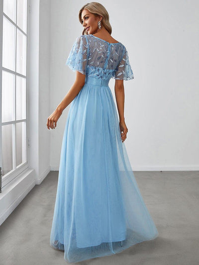 Women's A-Line Short Sleeve Embroidery Floor Length Evening Dresses #color_Sky Blue