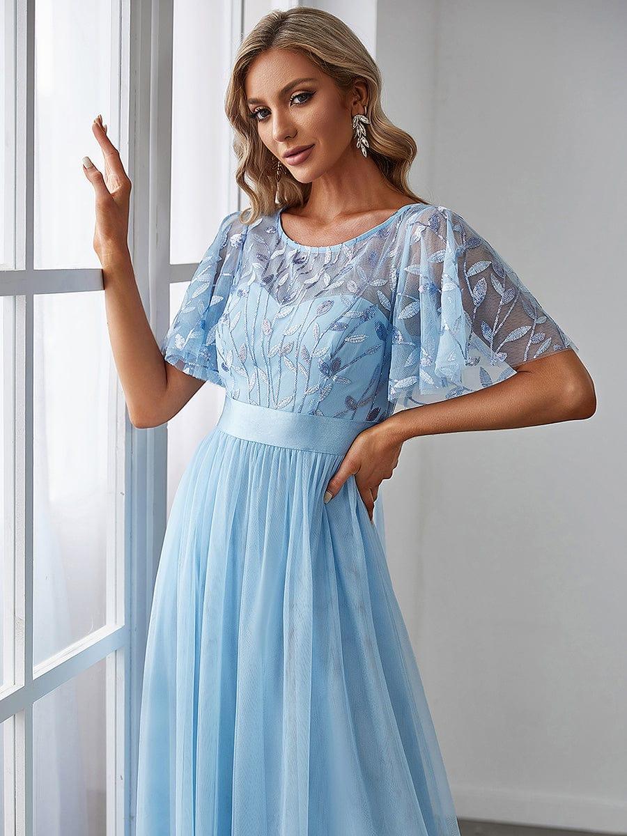 Women's A-Line Short Sleeve Embroidery Floor Length Evening Dresses #color_Sky Blue