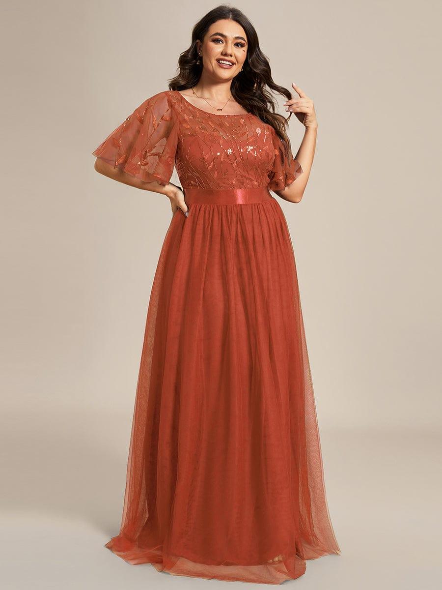 Women's A-Line Short Sleeve Embroidery Floor Length Evening Dresses #color_Burnt Orange