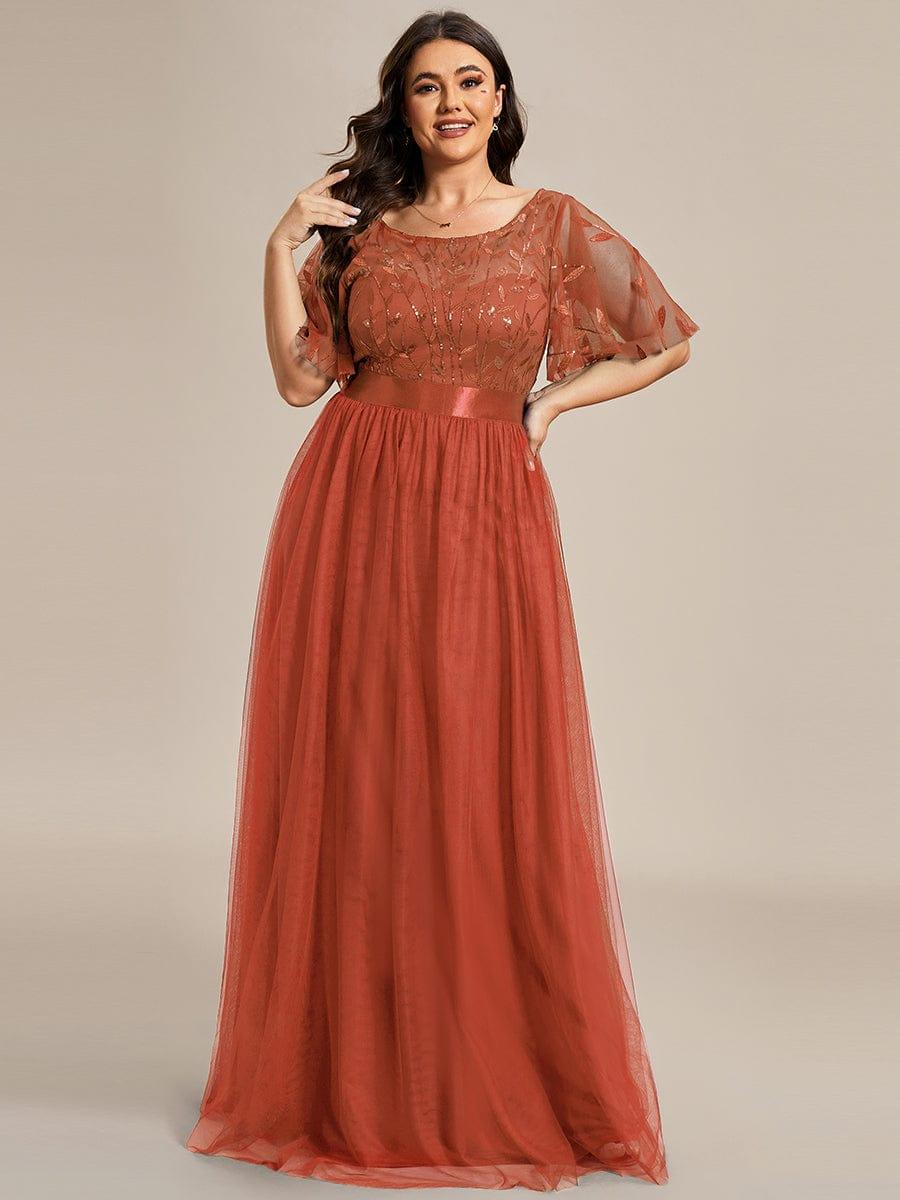 Women's A-Line Short Sleeve Embroidery Floor Length Evening Dresses #color_Burnt Orange