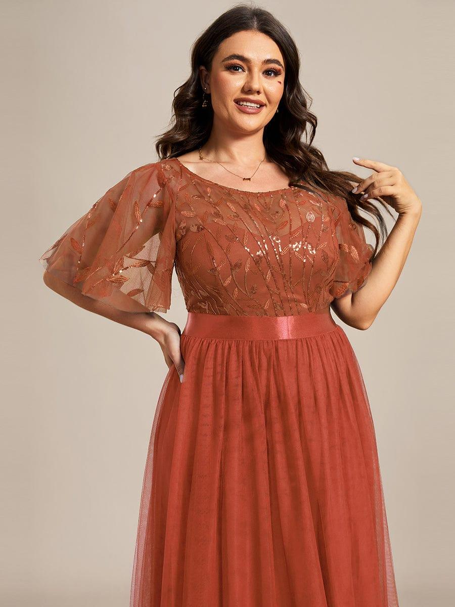Women's A-Line Short Sleeve Embroidery Floor Length Evening Dresses #color_Burnt Orange