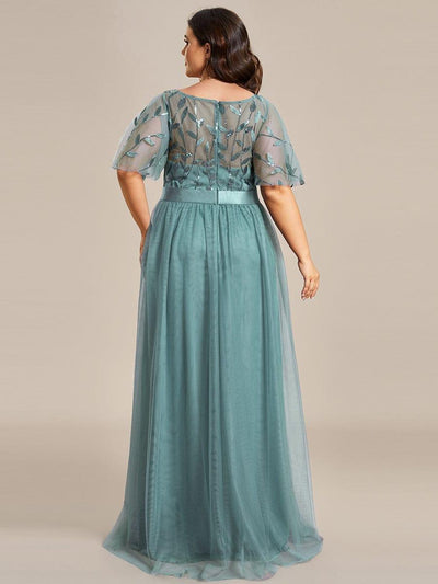 Plus Size Women's Embroidery Bridesmaid Dress with Short Sleeve #color_Light Teal