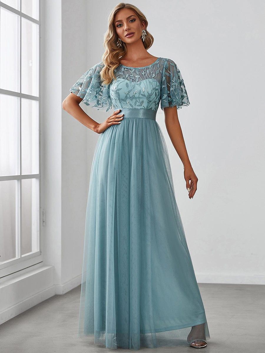 Women's A-Line Short Sleeve Embroidery Floor Length Wedding Guest Dresses #color_Light Teal