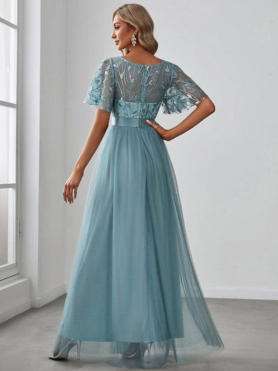 Women's A-Line Short Sleeve Embroidery Floor Length Wedding Guest Dresses #color_Light Teal