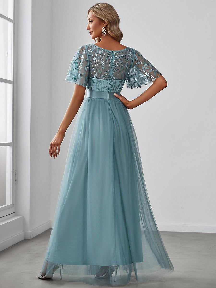 Women's A-Line Short Sleeve Embroidery Floor Length Wedding Guest Dresses #color_Light Teal