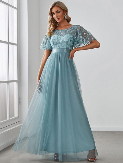 Women's A-Line Short Sleeve Embroidery Floor Length Wedding Guest Dresses #color_Light Teal