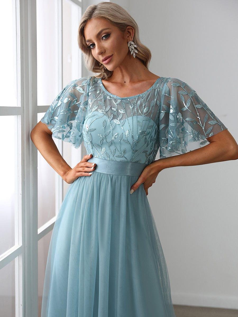 Women's A-Line Short Sleeve Embroidery Floor Length Wedding Guest Dresses #color_Light Teal