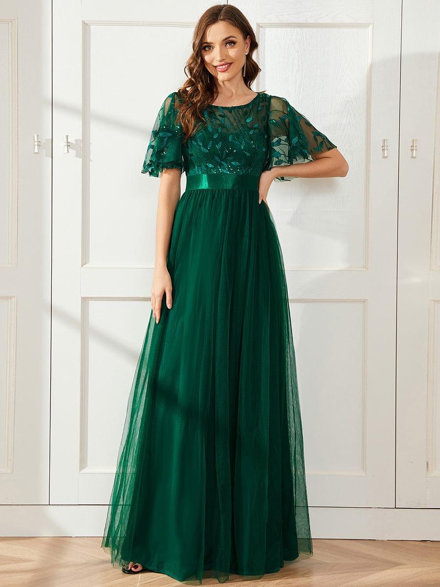 Women's A-Line Short Sleeve Embroidery Floor Length Evening Dresses #color_Dark Green