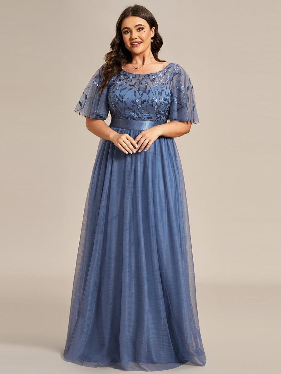 Plus Size Women's Embroidery Bridesmaid Dress with Short Sleeve #color_Dusty Blue