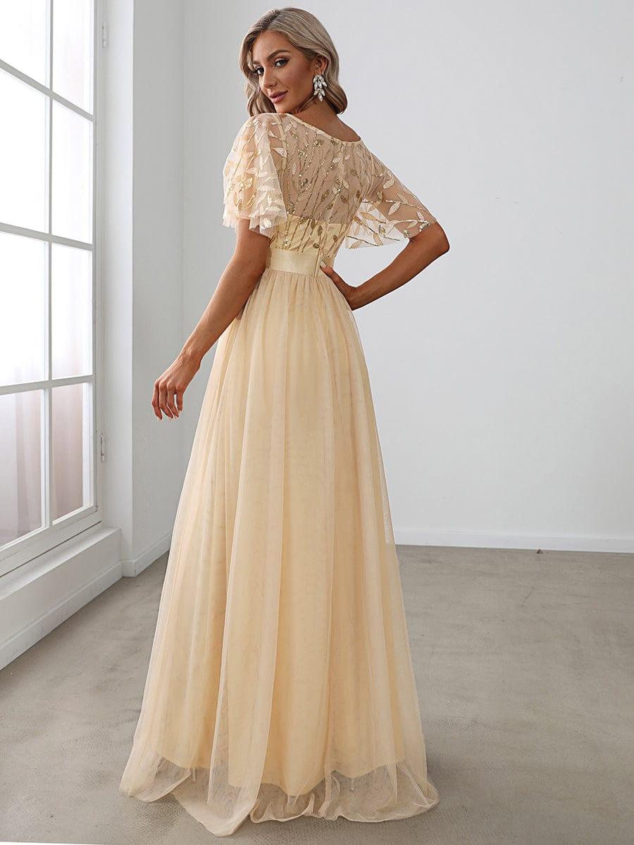 Women's A-Line Short Sleeve Embroidery Floor Length Wedding Guest Dresses #color_Gold