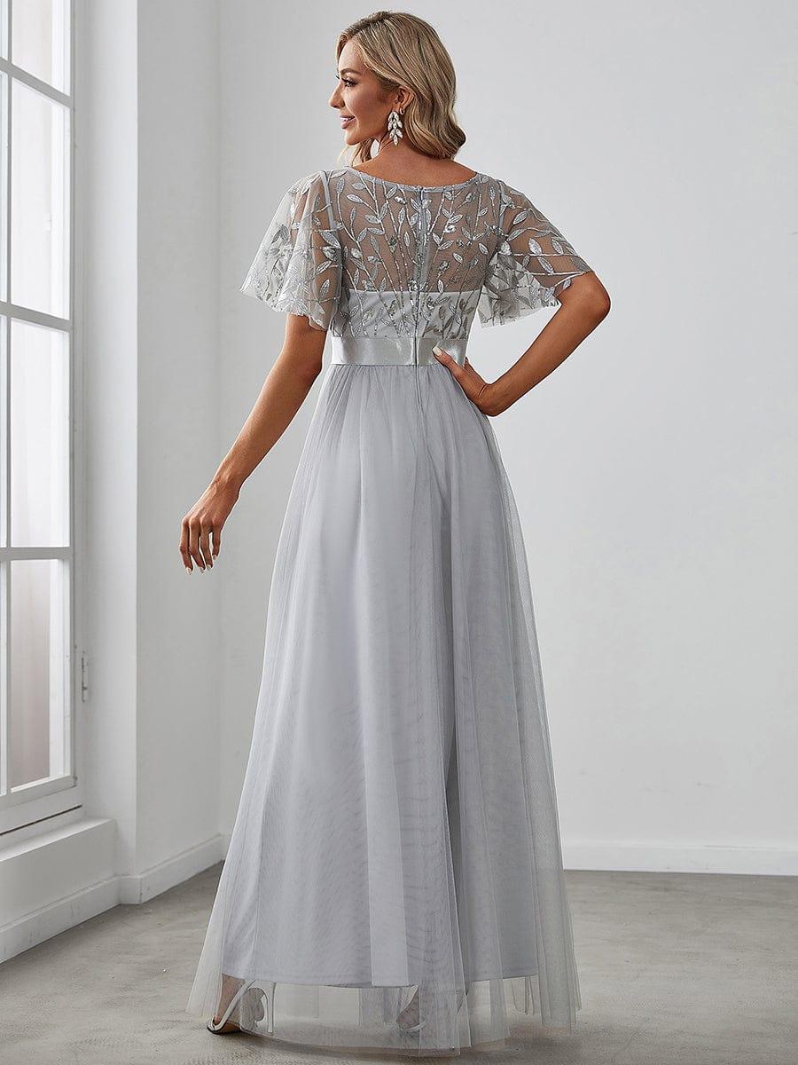 Women's A-Line Short Sleeve Embroidery Floor Length Wedding Guest Dresses #color_Grey