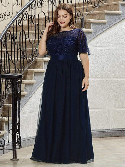 Plus Size Women's Embroidery Bridesmaid Dress with Short Sleeve #color_Navy Blue
