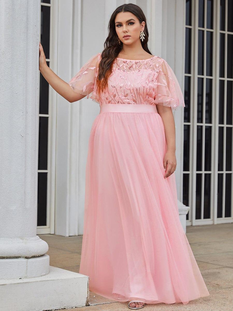 Plus Size Women's Embroidery Bridesmaid Dress with Short Sleeve #color_Pink