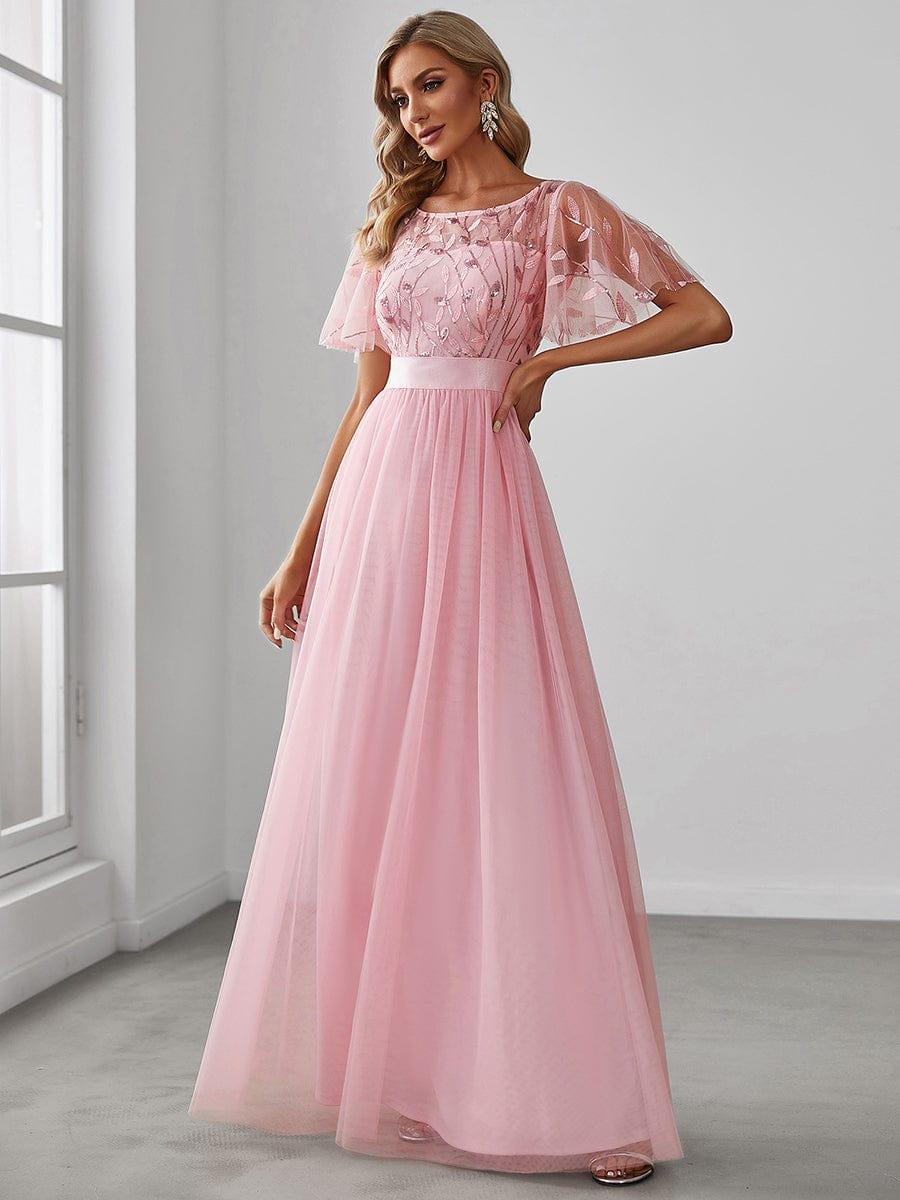 Women's A-Line Short Sleeve Embroidery Floor Length Evening Dresses #color_Pink