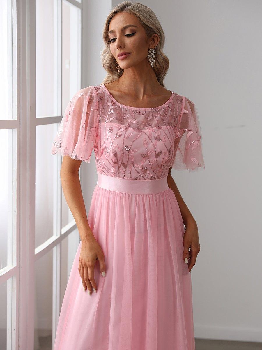 Women's A-Line Short Sleeve Embroidery Floor Length Evening Dresses #color_Pink