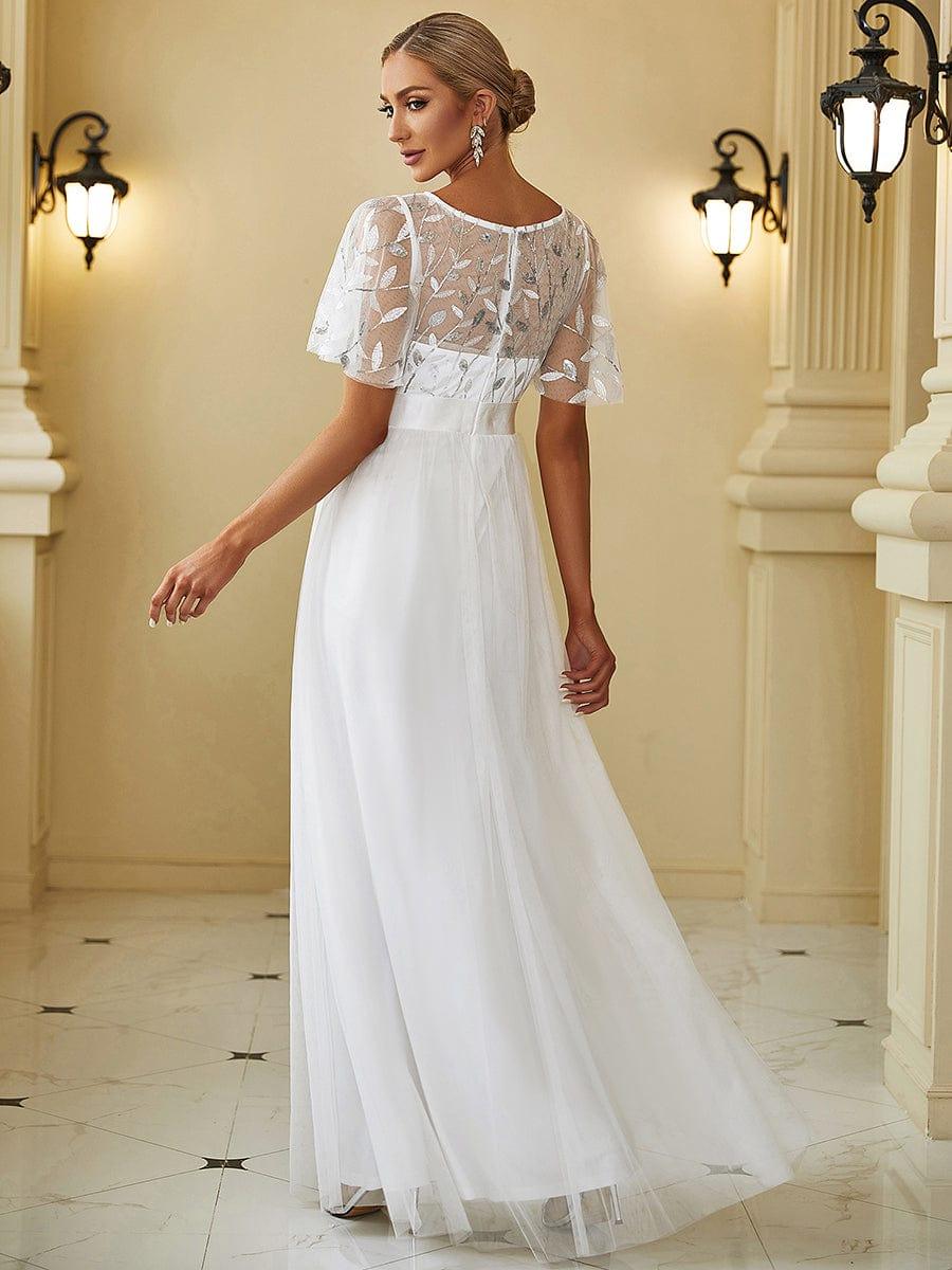 Women's A-Line Short Sleeve Embroidery Floor Length Wedding Guest Dresses #color_White