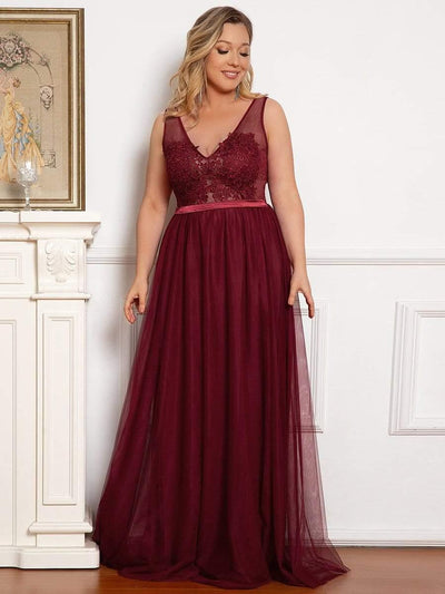 Plus Size Women's A-Line V-Neck Floral Lace Appliques Bridesmaid Dress #color_Burgundy