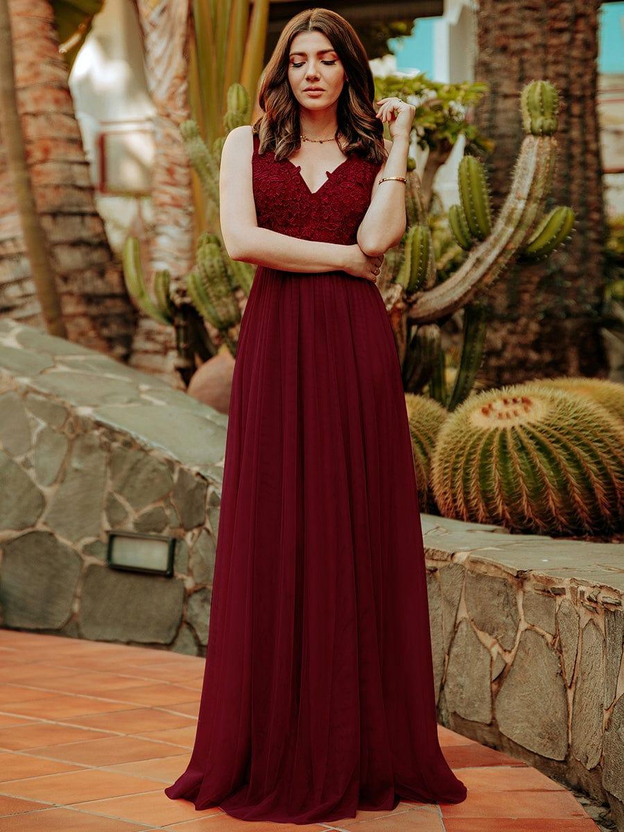 Women's A-Line V-Neck Floral Lace Appliques Bridesmaid Dress #color_Burgundy