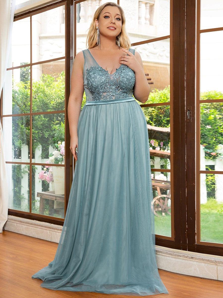 Women's A-Line V-Neck Floral Lace Appliques Bridesmaid Dress #color_Light Teal