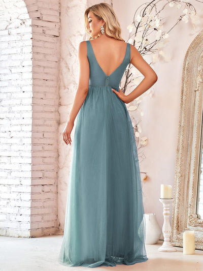Women's A-Line V-Neck Floral Lace Appliques Bridesmaid Dress #color_Light Teal