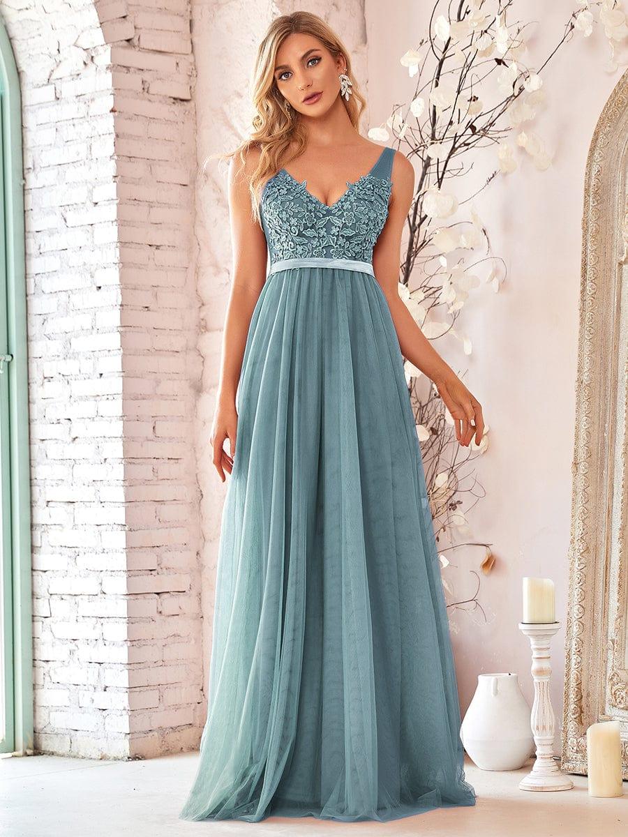 Women's A-Line V-Neck Floral Lace Appliques Bridesmaid Dress #color_Light Teal