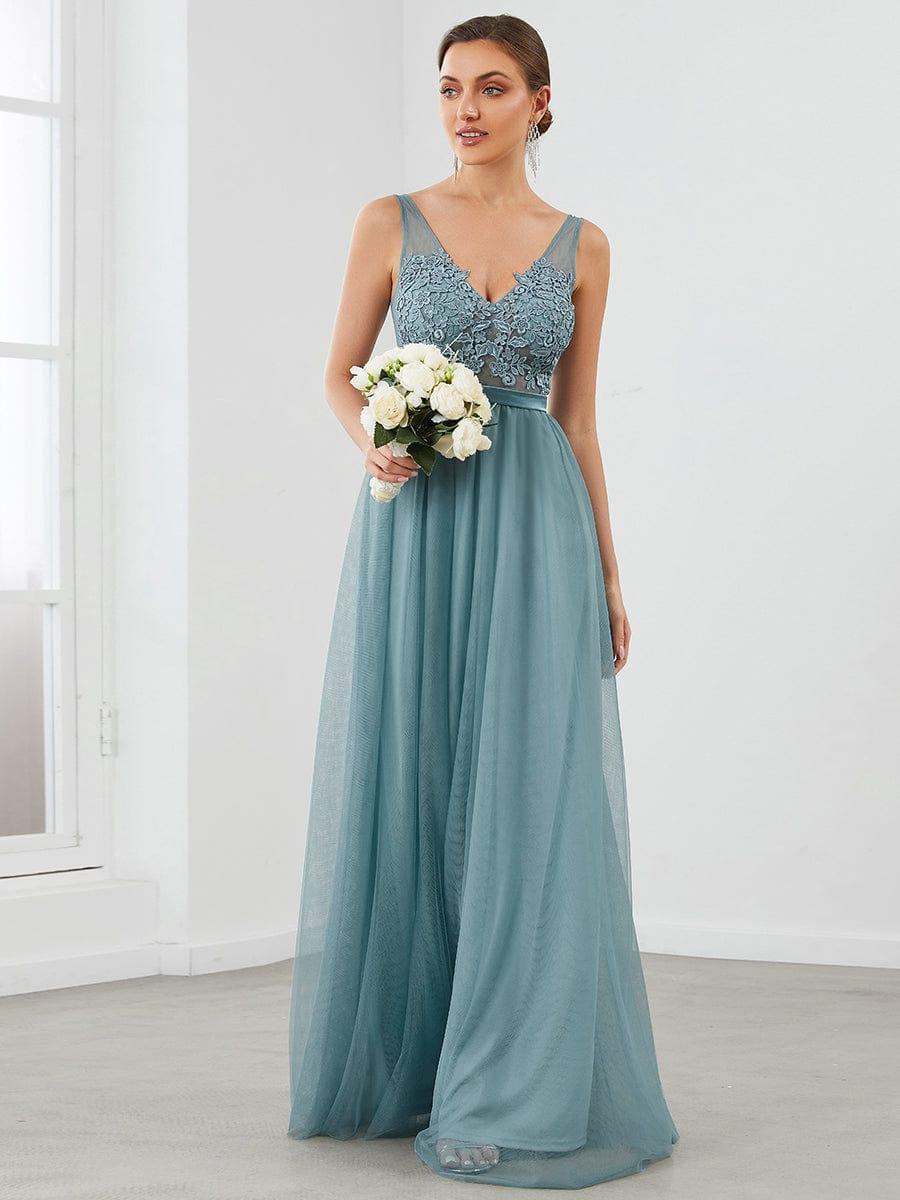 Women's A-Line V-Neck Floral Lace Appliques Bridesmaid Dress #color_Light Teal