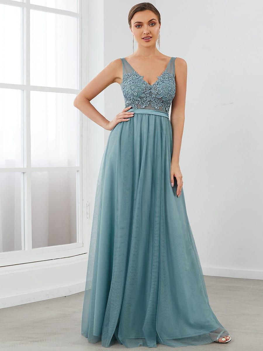 Women's A-Line V-Neck Floral Lace Appliques Bridesmaid Dress #color_Light Teal