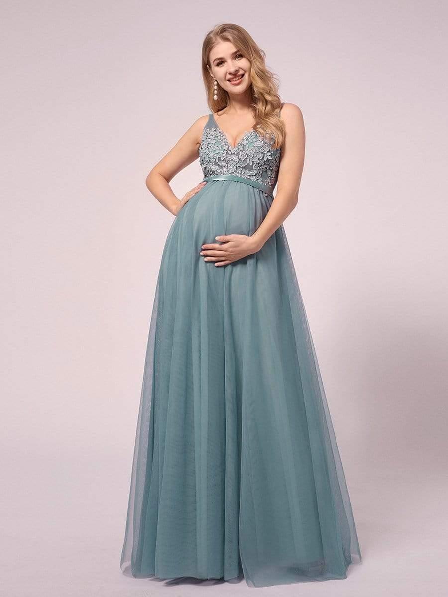 Women's A-Line V-Neck Floral Lace Appliques Maternity Dresses #color_Dusty Blue Women's A-Line V-Neck Floral Lace Appliques Maternity Dresses