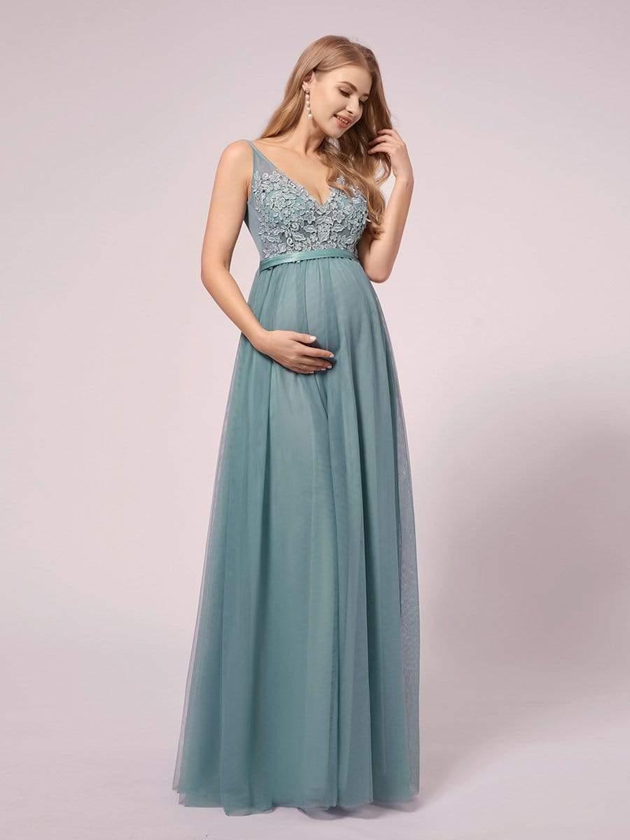 Women's A-Line V-Neck Floral Lace Appliques Maternity Dresses #color_Dusty Blue Women's A-Line V-Neck Floral Lace Appliques Maternity Dresses