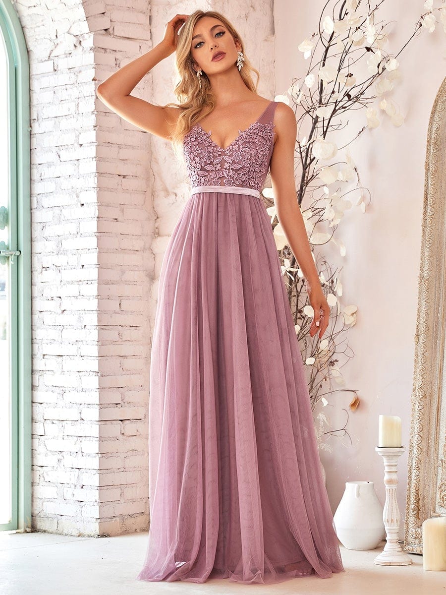 Women's A-Line V-Neck Floral Lace Appliques Bridesmaid Dress #color_Purple Orchid