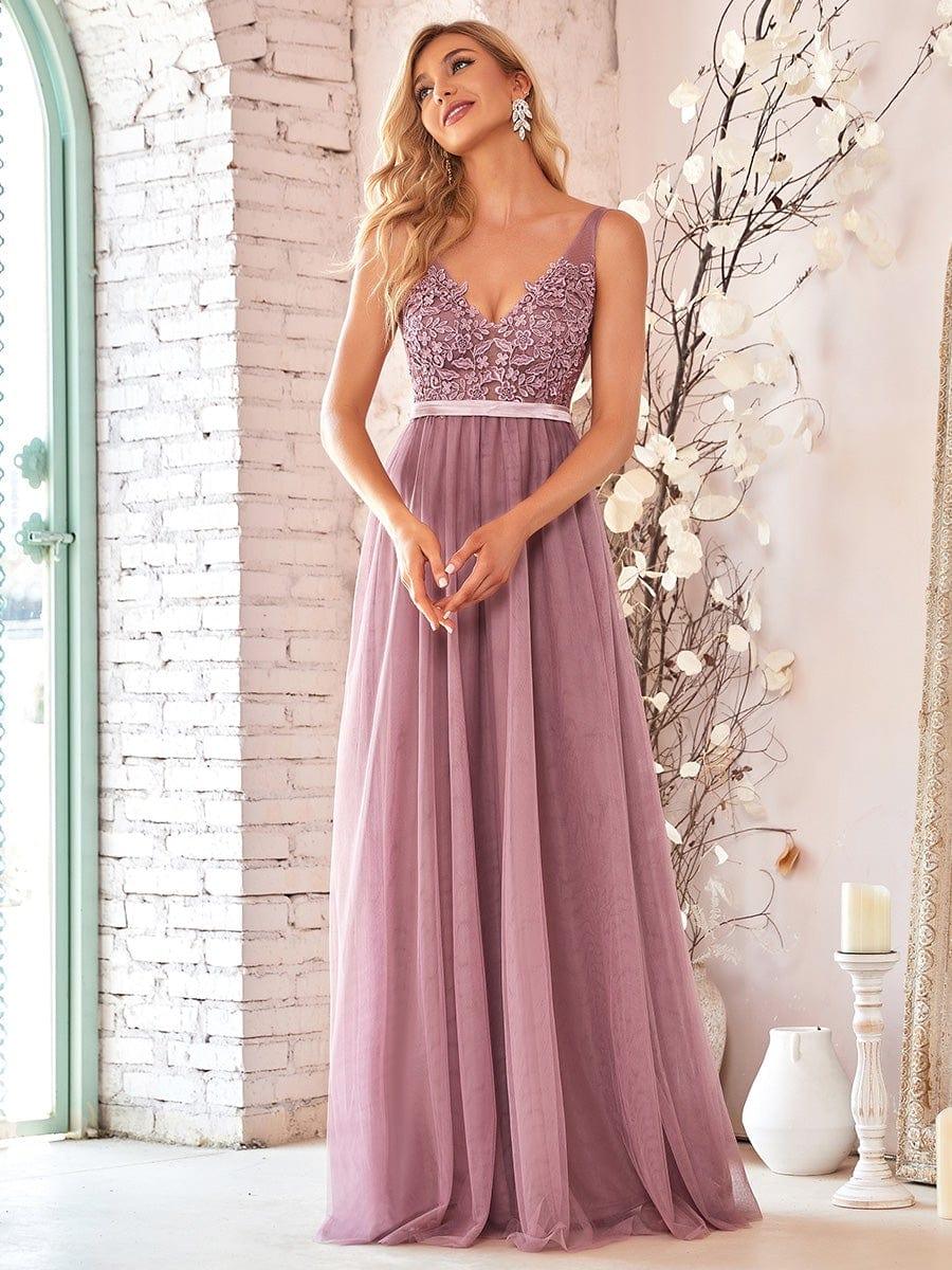 Women's A-Line V-Neck Floral Lace Appliques Bridesmaid Dress #color_Purple Orchid