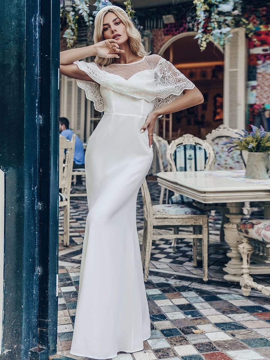 Sweetheart Illusion Neckline Wedding Dress With Ruffle Sleeves #color_White Sweetheart Illusion Neckline Wedding Dress With Ruffle Sleeves