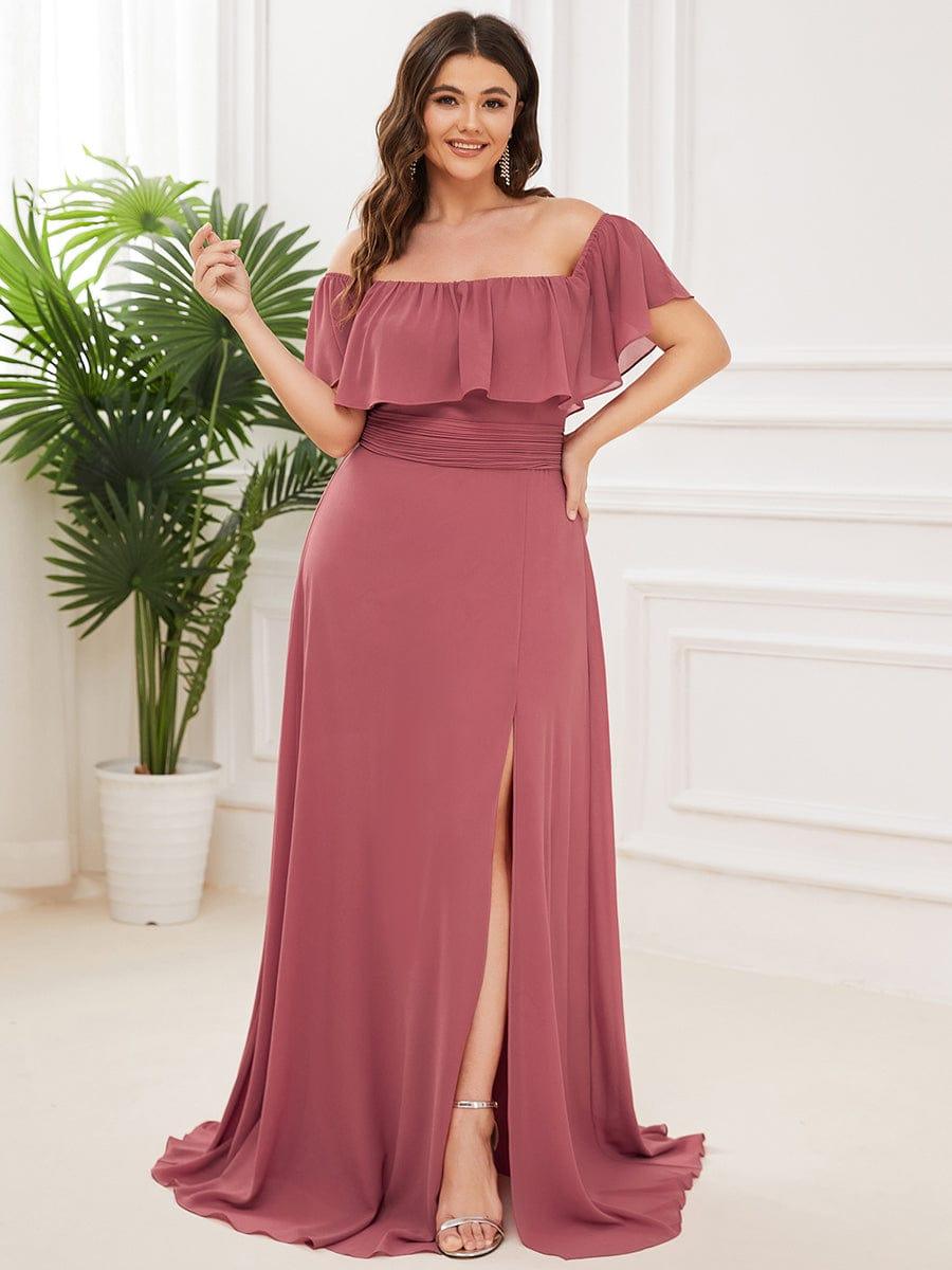 Plus Size Off-The-Shoulder Ruffle Chiffon Bridesmaid Dress #color_Cameo Brown