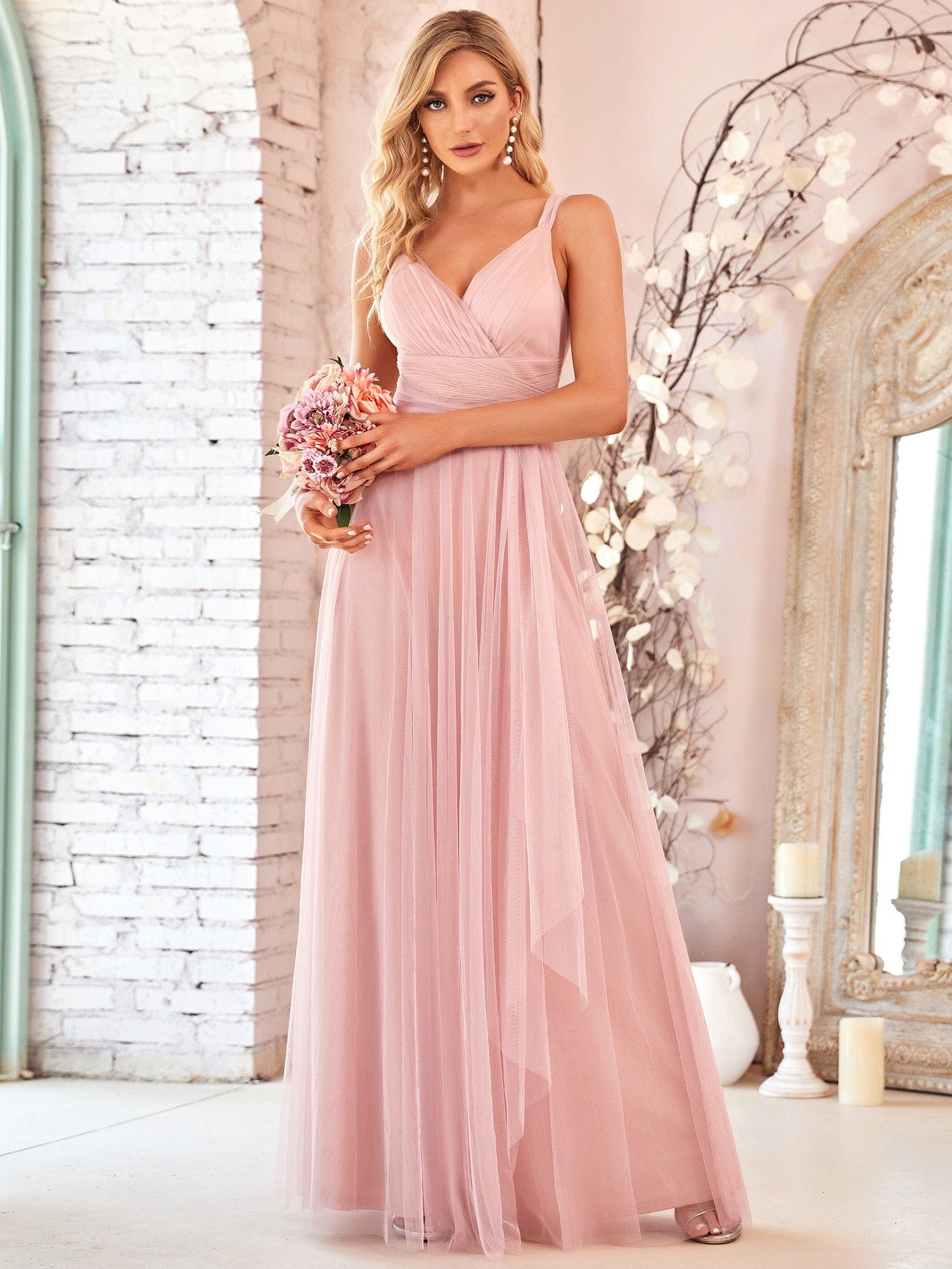 Floor Length Double V Neck Tulle Bridesmaid Dresses #color_Blush