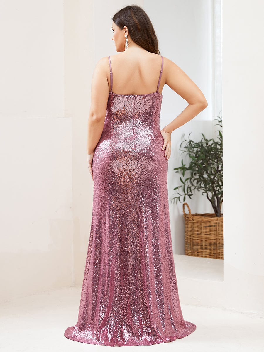 Sexy Spaghetti Straps Plus Size Sequin Evening Gowns for Women #color_Purple Orchid