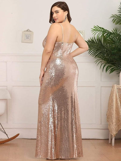 Sexy Spaghetti Straps Plus Size Sequin Evening Gowns for Women #color_Rose Gold