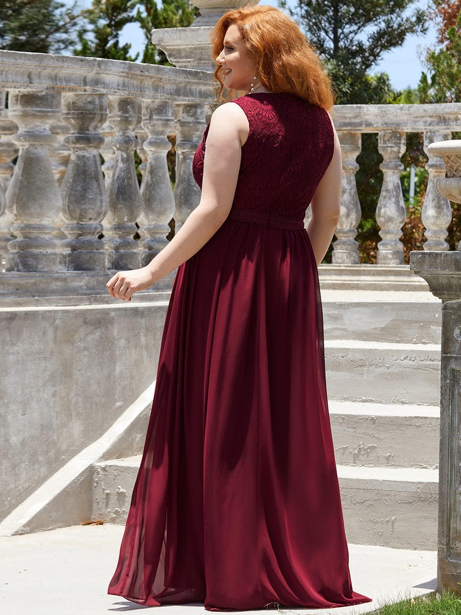 Empire Waist Sleeveless Maxi Long A Line Lace Bridesmaid Dresses #color_Burgundy
