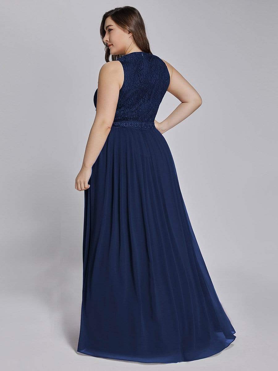 Empire Waist Sleeveless Maxi Long A Line Lace Bridesmaid Dresses #color_Navy Blue