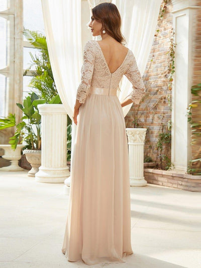 Elegant Round Neck A Line See-Through Lace Evening Dress #color_Blush