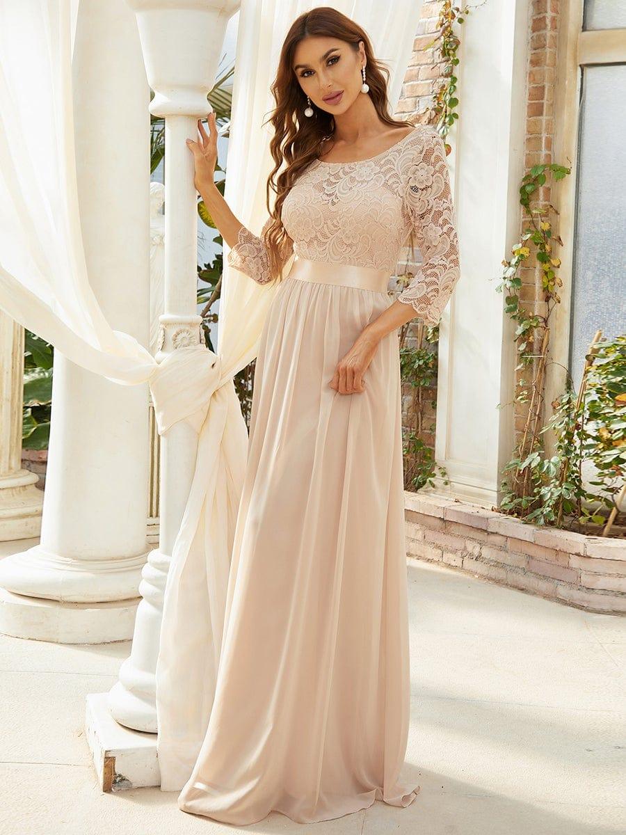 Elegant Round Neck A Line See-Through Lace Evening Dress #color_Blush